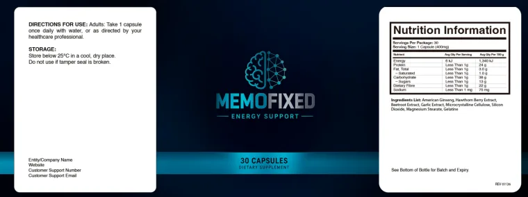 Official MemoFixed Energy Support label - directions for use, storage and the full Nutrition Information panel with the ingredients list